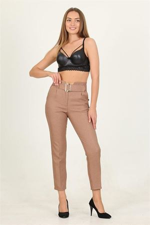 Neşeli butik kadın camel kemerli yüksek bel havuç pantolon QNS033