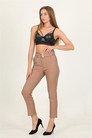 Neşeli butik kadın camel kemerli yüksek bel havuç pantolon QNS033