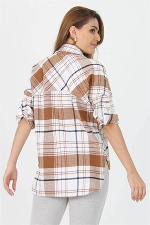 Neşeli butik kadın katlanabilir kol cep detaylı ekose oduncu gömlek NB9020