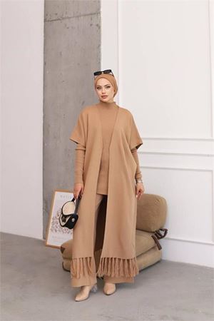 Neşeli butik kadın camel tesettür üçlü triko takım NMS021