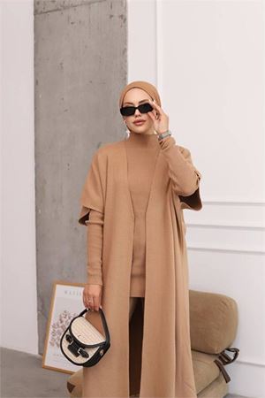 Neşeli butik kadın camel tesettür üçlü triko takım NMS021