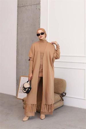 Neşeli butik kadın camel tesettür üçlü triko takım NMS021