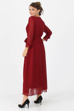 Neşeli Butik Kadın Kruvaze Yaka Bağlama Detaylı Yeni Sezon Uzun Şifon Elbise KTS003