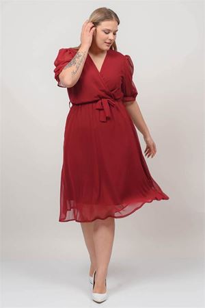 Neşeli butik kadın kruvaze yaka midi boy büyük beden şifon elbise NB8062