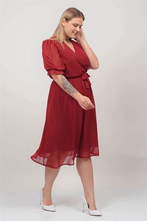Neşeli butik kadın kruvaze yaka midi boy büyük beden şifon elbise NB8062