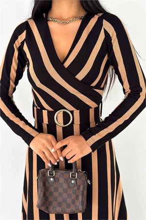 Neşeli butik kadın kemerli midi boy çizgili elbise KKLF48