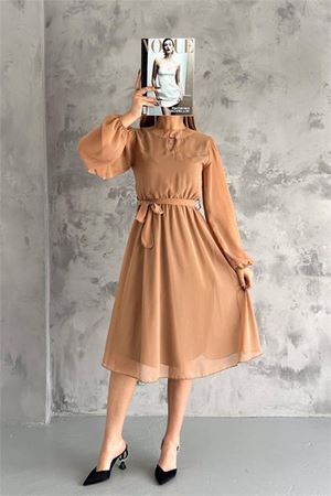 Neşeli butik kadın camel midi boy astarlı şifon elbise NBKKLF2027