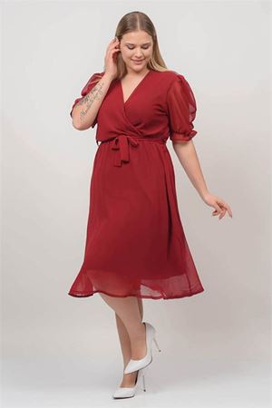 Neşeli butik kadın kruvaze yaka midi boy büyük beden şifon elbise NB8062