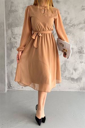 Neşeli butik kadın camel midi boy astarlı şifon elbise NBKKLF2027