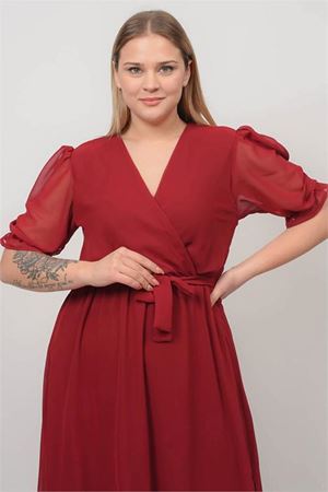 Neşeli butik kadın kruvaze yaka midi boy büyük beden şifon elbise NB8062