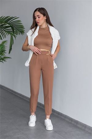 Neşeli butik kadın camel tokalı ofis pantolon QNS038