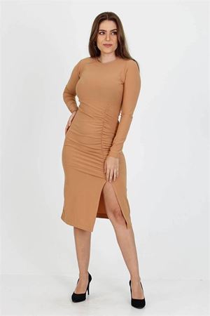Neşeli butik kadın yırtmaç detaylı midi boy örme krep elbise SHNZ11