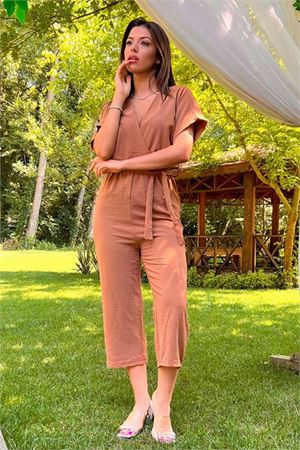 Neşeli butik kadın kruvaze yaka bağlama detaylı ayrobin tulum NB10049