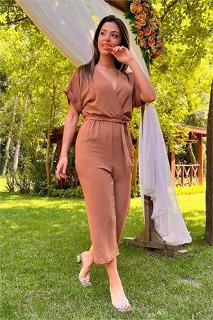 Neşeli butik kadın kruvaze yaka bağlama detaylı ayrobin tulum NB10049