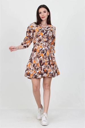 Neşeli butik kadın camel v yaka bağlama detaylı çiçekli mini elbise NB10029