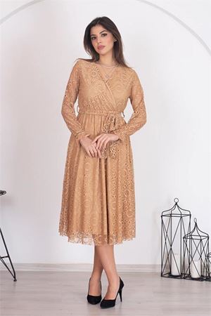 Neşeli butik kadın camel kuşaklı kruvaze yaka astarlı dantel elbise RSSN31