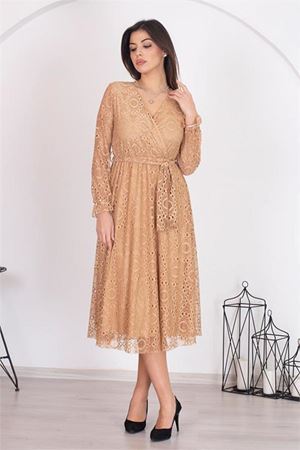 Neşeli butik kadın camel kuşaklı kruvaze yaka astarlı dantel elbise RSSN31