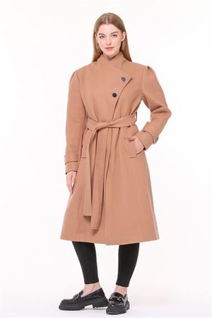 Neşeli butik kadın midi oversize yün kaşe kaban NBPLTN03 - Camel