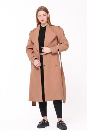 Neşeli butik kadın midi oversize yün kaşe kaban NBPLTN03 - Camel