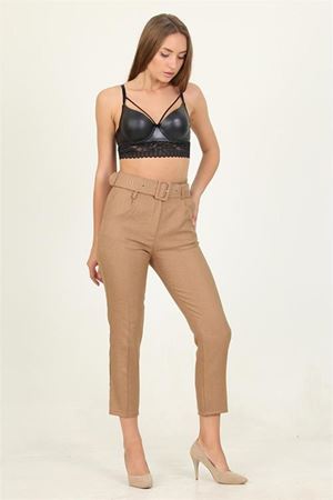 Neşeli butik kadın camel cepli kemer detaylı kumaş pantolon QNS026