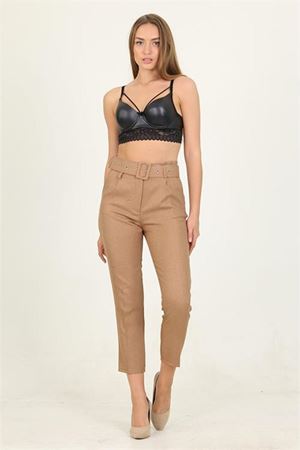 Neşeli butik kadın camel cepli kemer detaylı kumaş pantolon QNS026