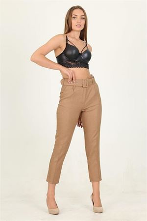 Neşeli butik kadın camel cepli kemer detaylı kumaş pantolon QNS026