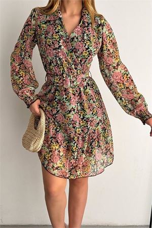 Neşeli butik kadın kemerli çiçek desenli mini şifon elbise NBKKLF2001