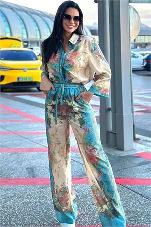 Neşeli butik kadın Keten gömlek pantolon ikili takım NBEMP2504