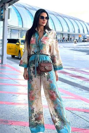 Neşeli butik kadın Keten gömlek pantolon ikili takım NBEMP2504
