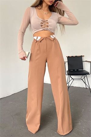 Neşeli butik kadın camel bol paça palazzo kumaş pantolon QNS036