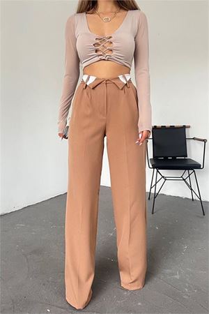 Neşeli butik kadın camel bol paça palazzo kumaş pantolon QNS036