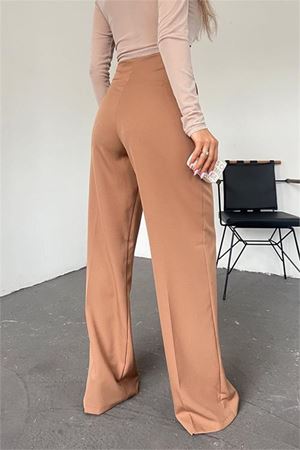 Neşeli butik kadın camel bol paça palazzo kumaş pantolon QNS036