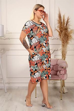 Neşeli butik kadın midi boy büyük beden elbise AYSL42 - Çok Renkli