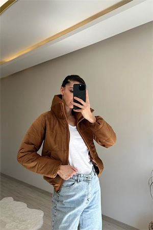 Neşeli butik kadın fitilli desen kadife kısa şişme mont NM005