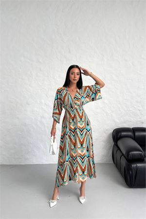 Neşeli butik kadın düşük kol desenli viskonk elbise NBG021