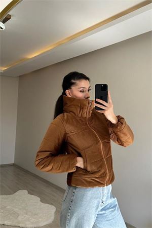 Neşeli butik kadın fitilli desen kadife kısa şişme mont NM005
