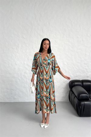 Neşeli butik kadın düşük kol desenli viskonk elbise NBG021