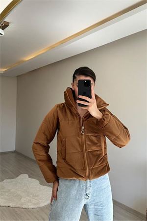 Neşeli butik kadın fitilli desen kadife kısa şişme mont NM005
