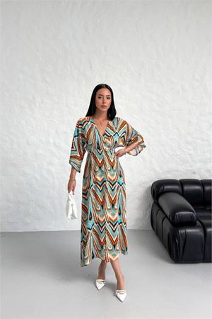 Neşeli butik kadın düşük kol desenli viskonk elbise NBG021