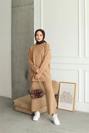 Neşeli butik kadın sim detaylı ikili triko takım NMS019