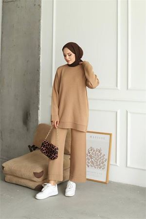 Neşeli butik kadın sim detaylı ikili triko takım NMS019
