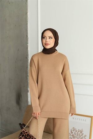 Neşeli butik kadın sim detaylı ikili triko takım NMS019