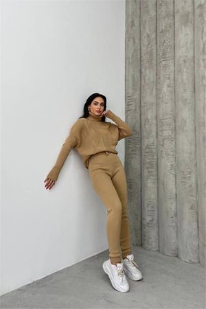 Neşeli butik kadın camel fitilli balıkçı yaka alt üst triko takım NBDM1215
