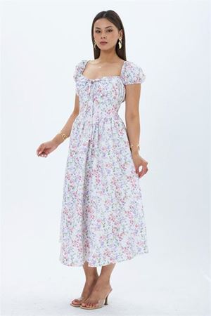 Neşeli butik kadın ekru çiçek desenli balon kol kare yaka midi elbise NBMY4108
