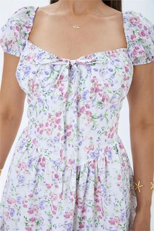 Neşeli butik kadın ekru çiçek desenli balon kol kare yaka midi elbise NBMY4108