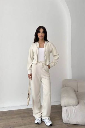 Neşeli butik kadın ekru fermuarlı kapüşonlu modal eşofman takımı NBNP022