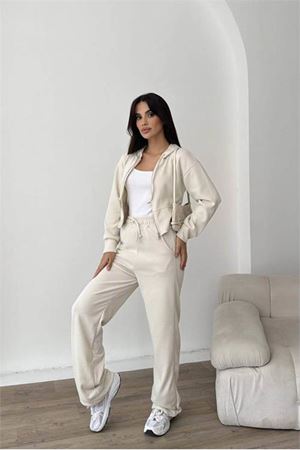 Neşeli butik kadın ekru fermuarlı kapüşonlu modal eşofman takımı NBNP022