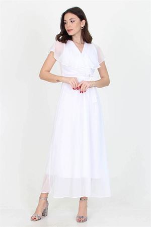 Neşeli Butik Kadın Yeni Sezon Kruvaze Yaka Bağlama Detaylı Uzun Şifon Elbise NB0001