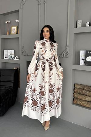 Neşeli butik kadın ekru büyük çiçek desenli tam boy düğmeli ithal kumaş tasarım elbise NBMS25107