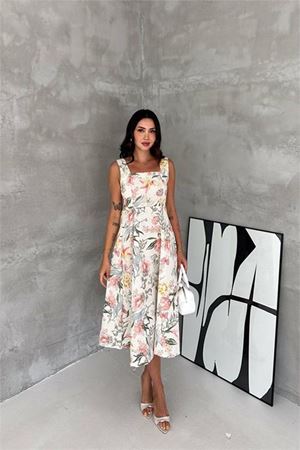 Neşeli butik kadın ekru kare yaka çiçek desenli kolsuz beli oturan midi elbise NBK4670